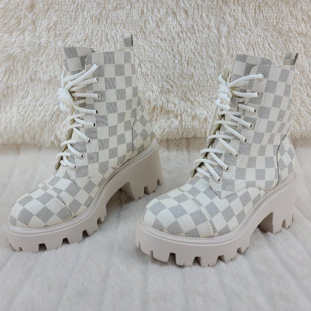 Off White Checker Pattern Platform Combat Boots - Picture 6 of 6